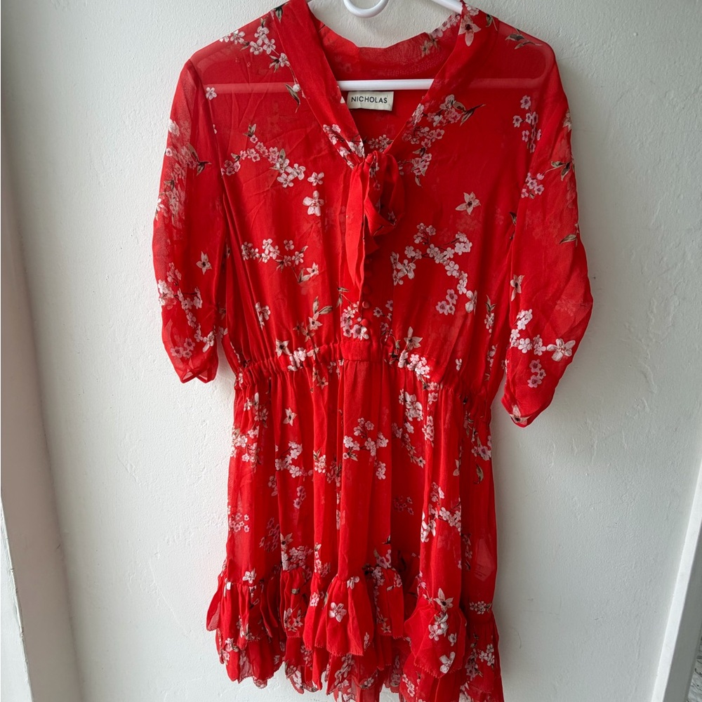 NICHOLAS Red Floral Chiffon Dress